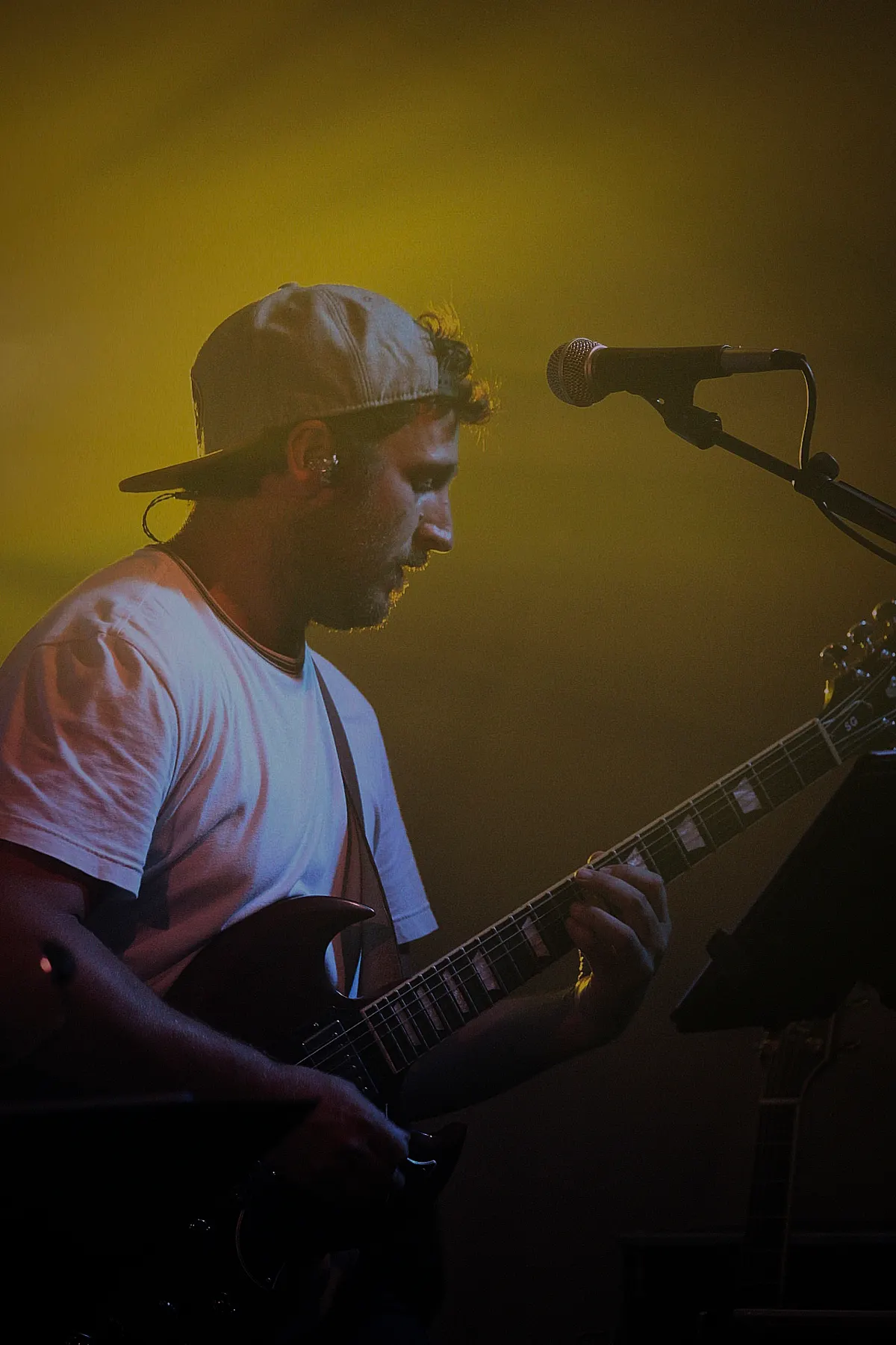Guitariste du groupe Watts Up en concert sous la lumière dorée